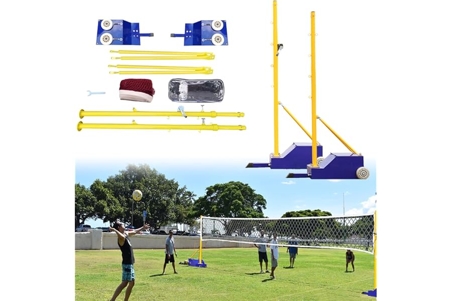 Volleyball Poles with Net Heavy Duty 2 in 1 Set for Volleyball and Badminton - Adjustable Height for Outdoor Use, Perfect for Adults and Youth in Backyard Activities
