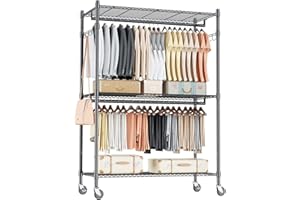 Himimi Portant à vêtements double barre/Rail à vêtements avec étagères réglables en Hauteur, Portant à Vêtements Robuste avec 2 Crochets, Rail à Vêtements avec Roulettes, 90 * 42 * 205cm, Noir