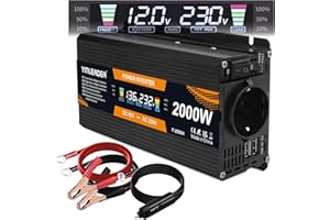 Yinleader Convertisseur 12V 220V 1000W 12V 230V avec 1 Prise et écran LCD 2 USB 2000W Peak