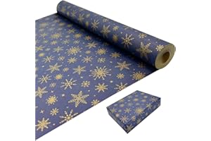 MJNEDY Papel de regalo navideño para envolver regalos: rollo de papel Kraft azul con copos de nieve dorados, 43 cm x 15 m, papel de regalo reciclable