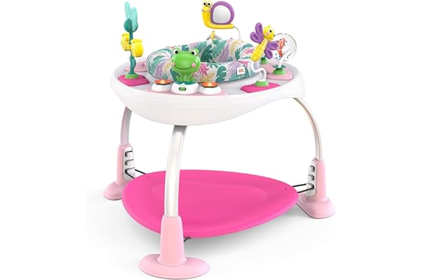 Bright Starts, 2en1 Siège Sauteur/Table d'Activités Bounce Bounce BabyPlayful Pond, 7 Jouets D'activité, Évolutif Trotteur, Hauteur Réglable, Siège Pivotant à 360 °, vert, à partir de 6 mois
