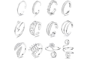 CASSIECA 12PCS Anillos Ajustables para Dedo del Pie para Mujeres Niñas Oro Plata Negro Conjunto de Anillos Abiertos para Dedo del Pie Flor Flecha Hoja Corazón CZ Anillos de Banda Meñique de Joyas