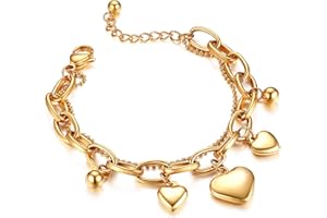 Flongo Bracciale da Donna, con Ciondolo Cuore Croce, in Acciaio Inossidabile Lucido, Colore Oro,Regalo per Donna,Bracciale Amicizia