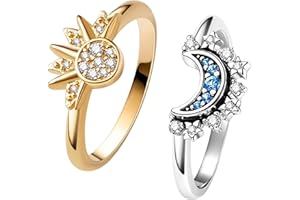 aesdox Conjunto de Anillos Celestiales de Sol y Luna, Anillo de Sol Brillante y Anillo de Luna Azul con Baño de Oro 14K/Plata, Regalo para Mujeres y Niñas