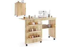 GIANTEX Armario de Costura Plegable con 5 Ruedas, Mesa de Coser con 3 Compartimentos y 1 Estante, Mueble para Máquina de Coser, Mesa Multifuncional para Manualidades, Ordenador (Natural)