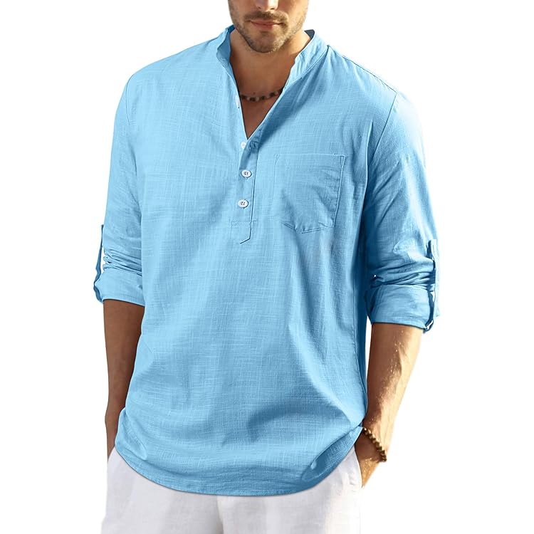 Enlision Katoenlinnen shirts voor heren, met lange mouwen, ongedwongen Henley-shirts met bandkraag, licht, effen kleuren zomerse strandshirts, voor vakantie, met zak, S-4XL, XL