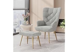 Aivermeil Armchair Tub Chair,with Footstool,High back with gold legs Comfy,Velvet Chair, for Bedrooms, Living rooms,Relaxation,150kg Load Capacity Gray (with footstool)