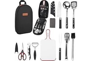 ISFORU Set di accessori da campeggio, 9 pezzi, set di utensili da cucina da campeggio, kit da viaggio con pelapatate, tagliere, apribottiglie e borsa per riporre escursioni, picnic e trekking