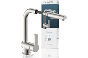 SCHÜTTE LONDON Küchenarmatur mit ausziehbarer Geschirrbrause, 360 Grad schwenkbarer Wasserhahn für die Küche, Mischbatterie mit Einhebelmischer, Spültischarmatur Edelstahloptik, Edelstahl, 29,8 cm