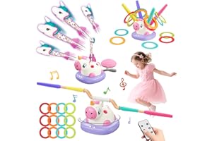 Aliex Unicorno Bambina Regalo 3 4 5 6 7 8 9 Anni | 3 in 1 Giochi da Esterno per Bambini – Salta con Musica, Razzo Spaziale Giocattolo e Gioco Lancio Anelli - Giochi da Giardino e Interno