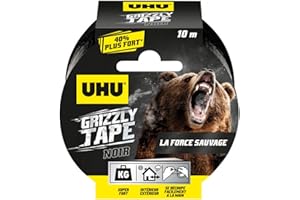 UHU Grizzly tape - Ruban adhésif toilé waterproof pour réparer, consolider, colmater, connecter, ultra fort et durable, noir, 10mx50mm