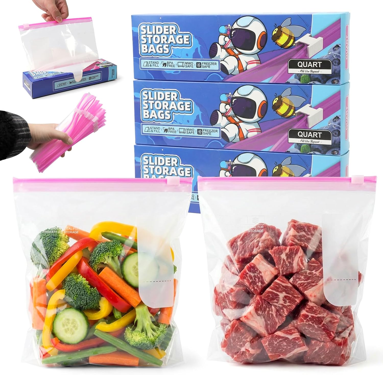 60 Piezas Bolsas Congelacion, 20,2 x 18 cm Bolsas Zip para Congelar, Alimentos Herméticas Reutilizables con Parte Inferior Expandible, Ziplock Bag Para Carne, Frutas y Verduras