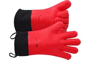 GEEKHOM Silicone Oven Gloves Heat Resistant Silicone Oven Mitts BBQ Gloves Waterproof Kitchen Gloves for Barbecue Grilling Weber Microwave, Non-Slip Oven Gloves with Fingers, Red