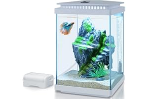 PYPABL Mini Glass Fish Tank, 4 Litres Desktop Fish Tanks, Betta Fish Tank, Mini Aquarium Starter Kit with Air Pump LED Light Decoration Water Changer Fish Net (White)