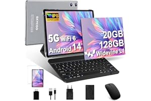 SKYEGG Tablet 10 Pulgadas Android 14 con 20 GB RAM + 128 GB ROM (Ampliable a 1TB), Widevine L1, 5G Wi-Fi 6, GPS, 8 Core, 8 MP + 5 MP, USB-C Tablet con Teclado + Ratón + Funda, Gris Tinta