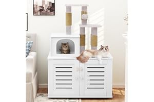 HOOSENG Cat Tree Tower with Litter Box Enclosure, Cat Furniture with Cat Scratching Post, Hidden Cat Washroom Wooden Cat House with Divider, Cat Tree Condo and Soft Perch Platform, White