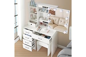 Dradaomull Tavolo da toeletta con illuminazione a LED regolabile, tavolo da toeletta con specchio, per camera da letto moderna, bianco, 131 x 80 x 36 cm (56)