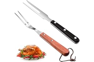 CHENGU 10.5 Inch Stainless Steel Meat Fork 2 Pieces Carving Fork with Wood Handle Cooking Fork with Bakelite Handle BBQ Fork Grill Fork for Kitchen Barbecue Serving Cooking Grilling Roasting (Round Handle)