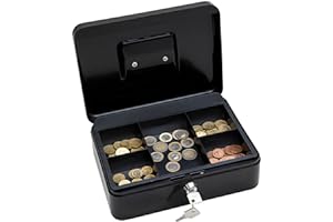 Wedo 145321X Geldkassette (aus pulverbeschichtetem Stahl, versenkbarer Griff, 5-Fächer-Münzeinsatz, Sicherheits-Zylinderschloss, 25 x 18 x 9 cm) schwarz