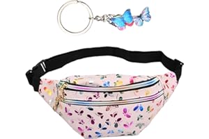 Anseom Fashion Bum Waist Bag Shinny Butterfly Hip Pouch for Children Waterproof PU Leather Waist Bag with Adjustable Belt Lightweight Waist Pack for Women Girls for Running Shopping (Pink)