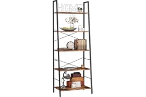 Yusong Bookshelf, Ladder Shelf 5-Tier Bookcase for Bedroom, Industrial Book Shelves Storage Rack with Metal Frame for Home Office, Rustic Brown