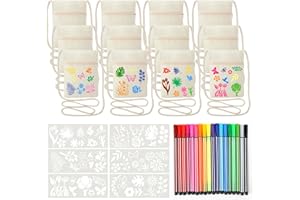 TARKLANDA 12 Stück Stoffbeutel zum Bemalen für Kinder, 18×13 cm Kinder Umhängegeldbeutel mit 18 Farbe Stiften&6 Malschablonen DIY Beige Brustbeutel Schultertaschen Beutel zum Bemalen für Schule Party Geschenk