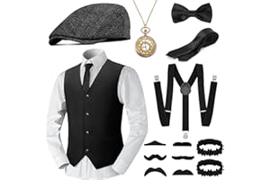 WEARXI Peaky Blinders Kostüm, Karneval Kostüm karnevalskostüm Herren, Mafia 20er Jahre Kostüm Herren Damen Accessoires mit Weste Hosenträger Hut, Fasching Kostüm Herren Peaky Blinders für Partys