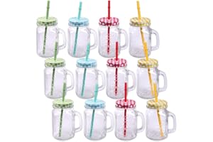 Schramm® 12 Verres à Boire avec Couvercle, poignée et Paille réutilisable (III) Paille à Boire Verres en Verre réutilisables Verre à Boire Cocktail Environ 500ml