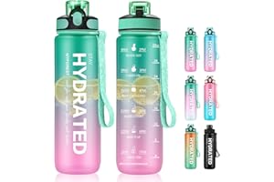 MYFOREST Sports Water Bottle Liter, Large Spout for Large Sip/Removable Straw for Small Sip, Time Marker for Motivational Hydration, BPA Free