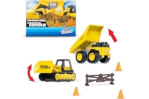 BASIC FUN Mini Classici - Tonka 2-Pack (Metal Movers Camion con Cassone Ribaltabile e Bulldozer con 3 Coni Stradali e Recinzione di Sbarramento)
