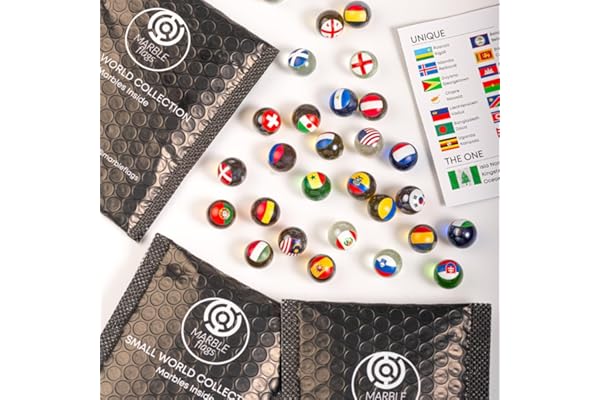 MARBLEFLAGS 30 Billes de Pays | Collection avec Drapeaux de Pays | 3 Paquets de 10 Billes au Hasard | Small World Collection