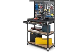GYMAX Établi Atelier Garage, Panneau Perforé avec 14 Accessoires pour Rangement de Outils, Table de Travail, 2 Étagères Ouvertes, 2 Tiroirs, Cadre Métallique Robuste, pour Entrepôts Bricolage (Bleu)
