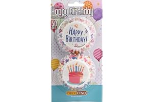 DECOCINO 50 moldes para magdalenas Happy Birthday – 5 cm de diámetro, de papel para cupcakes con diferentes motivos como decoración ideal para cumpleaños de niños