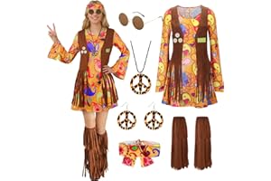 TOLOYE 70s Fancy Dress Women, Hippie Costume Outfit with Fringe Vest Boho Headband Necklace Set, 60s Disco Fancy Dress, 1970s Retro Hippie dress Hippy Clothes for Carnival Cosplay Party