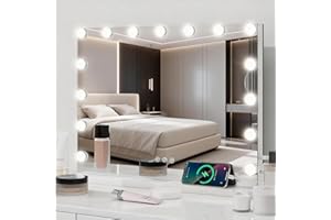 YU YUSING Hollywood Makeup Mirror, 45×58cm Large Lighted Vanity Mirror, Tabletop or Wall-Mounted Mirror, with 15 Dimmable Bulbs, 3 Color Modes, Touch Screen Control, 10X Magnifier, USB Output Port