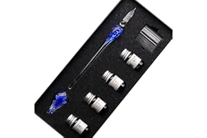 SIPLIV fait à la main cristal verre intarsia dip stylo plume kit calligraphie signatures stylo avec 4 couleurs d'encre, porte-stylo, tasse de nettoyage, bleu foncé