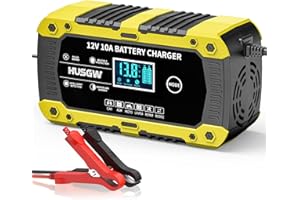 HUSGW 10A 12V Caricabatteria da Auto, Multi Protezioni Mantenitore Batteria Moto, Intelligente Carica Batteria Portatile con Schermo LCD per Moto, Auto, Batteria AGM, Barche (10A-2)