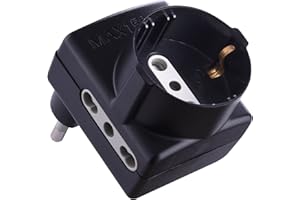 Electraline 70069 Adattatore con Spina Salvaspazio, Presa Tripla Schuko Bivalente, 10/16A, 230 V, Nero