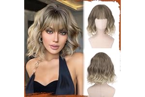 Sofeiyan Parrucca Bob Ondulata con Frangia, 30 cm Parrucca Sintetica Resistente al Calore Ombre Marrone con Biondo per Donna Look Naturale per Cosplay Feste e Uso Quotidiano