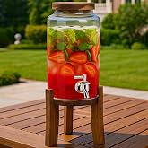 Musluklu Cam Sebil 3L Ahşap Standlı Soğuk İ&ccedil;ecek Dispenseri &Ccedil;ilekli Detoks Limonata ve Sunumluk
