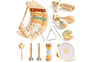 ROBUD Kids Wooden Musical Instruments Set, Baby Montessori Sensory Musical Toys for 1-2-3 Year Old Toddlers with Xylophone Tambourine, Chime Bar, Maraca, 11 PCS Girl Boy Gifts 10 Months+