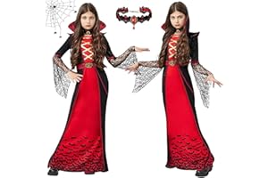 KOMEIYL Traje Vampiro Niña, Vestido Vampiresa con Collar, Disfraz Vampiro para Niños Halloween, Vampire Dress up Costumes, Aplica a Representaciones Teatrales, Eventos Cosplay