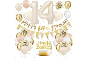 VUCDXOP 14th Birthday Decorations Sand White Gold,14th Birthday Decorations for Girls,14th Birthday Balloons with Happy 14th Birthday Banner Cake Toppers Number 14 Balloons for Girls Birthday Decorations
