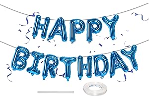 LINGQIANG Happy Birthday Balloon Banner, Blue Self Inflating Happy Birthday Foil Balloon Bunting Banner, 16 Inch Reusable Birthday Letter Balloons with Ribbon for Boys Men Birthday Party Decorations Supplies