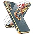 LBOYLOVE for Samsung Galaxy A15 5G Phone Case,with [2 Pack] Tempered Glass Screen Protector 360° Rotatable Ring Holder Magnetic Kickstand, Plating Rose Gold Edge Samsung Galaxy A15 5G Case (Gray)