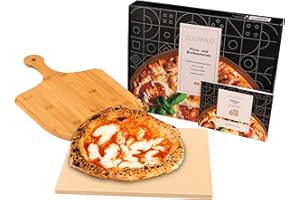 GOURMEO Pizza Stone Kit w/Bamboo Wood Paddle - 38x30cm - Cordierite Pizza Stones for Oven & BBQ - Even Heat Distribution