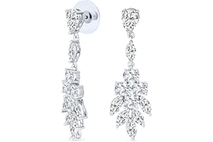 BLING JEWELRY Bridal Cubic Zirconia AAA CZ Cluster Leaf Marquise Teardrop Chandelier Earrings For Women Prom Statement Silver Plated Brass