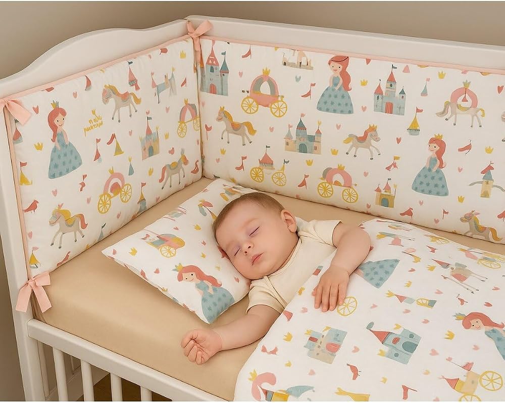 Jaju Baby Prenses Desenli Bebek Uyku Seti, 80x130 cm, Çok Renkli, 7 Parça Nevresim Takımı ve Kenar Koruma