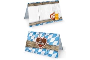 ‎LOGBUCH-VERLAG Tischkarten Set, 50 Stück: Bayerische Platzkarten Blau Weiß Kariert, Bayern Deko Tisch, Holzoptik, Maßkrug & Brezel, Namenskarten Tischdeko, Hochzeit, Geburtstag, Oktoberfest, Party, 8,5 x 5,5 cm