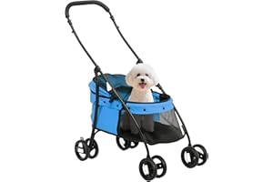 PawHut Carrito para Perros Plegable Cochecito para Mascotas Cochecito para Perros Pequeños con Ventanas de Malla Cojín Lavable Correas de Seguridad y Marco de Acero Carga 10 kg Azul